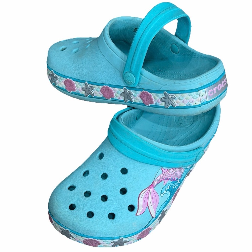 Crocs Aqua‎ Mermaid Seashells Band Clogs Girls J3 (5+) Slip On Shoes